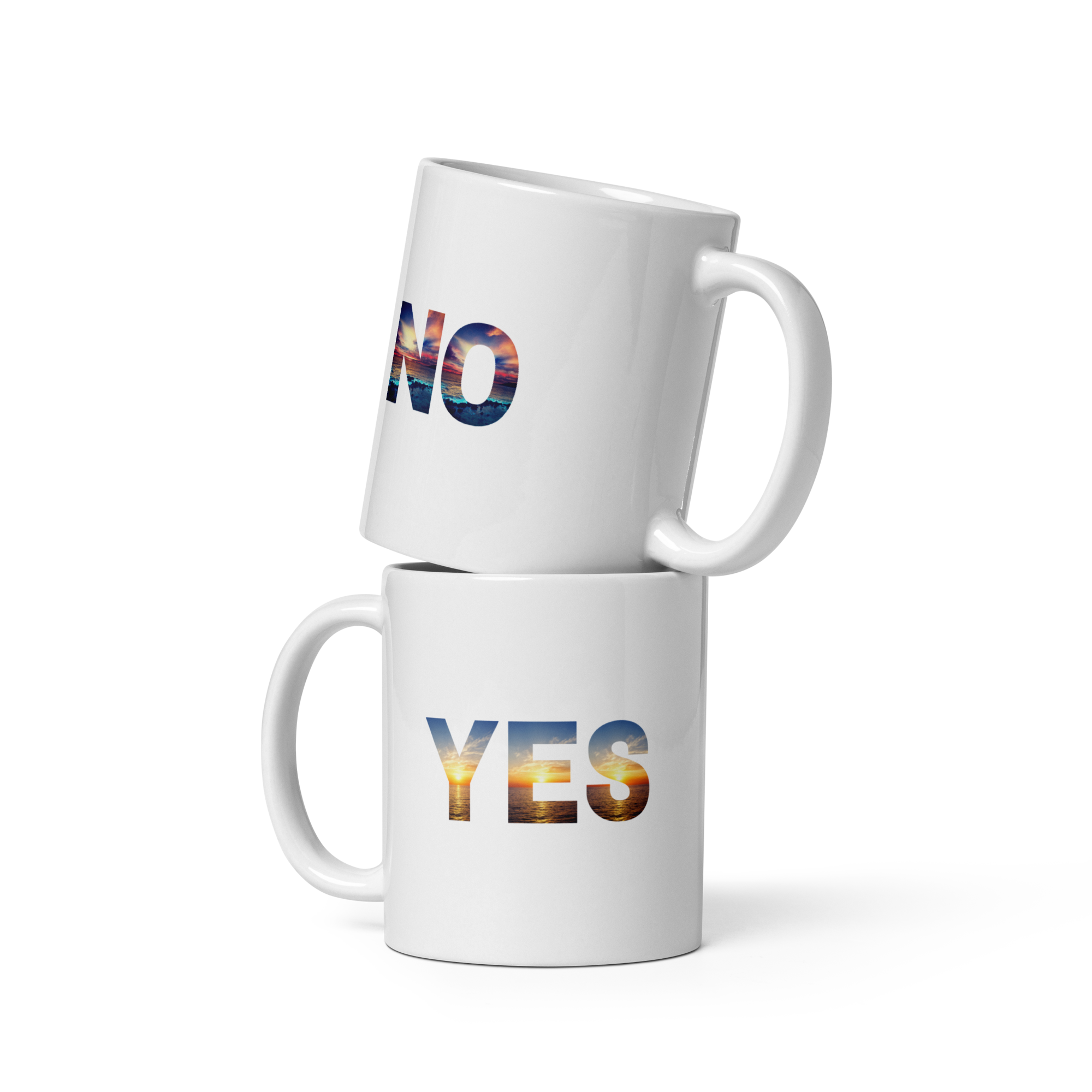 Two white mugs stacked on top of each other with 'NO' and 'YES' text.