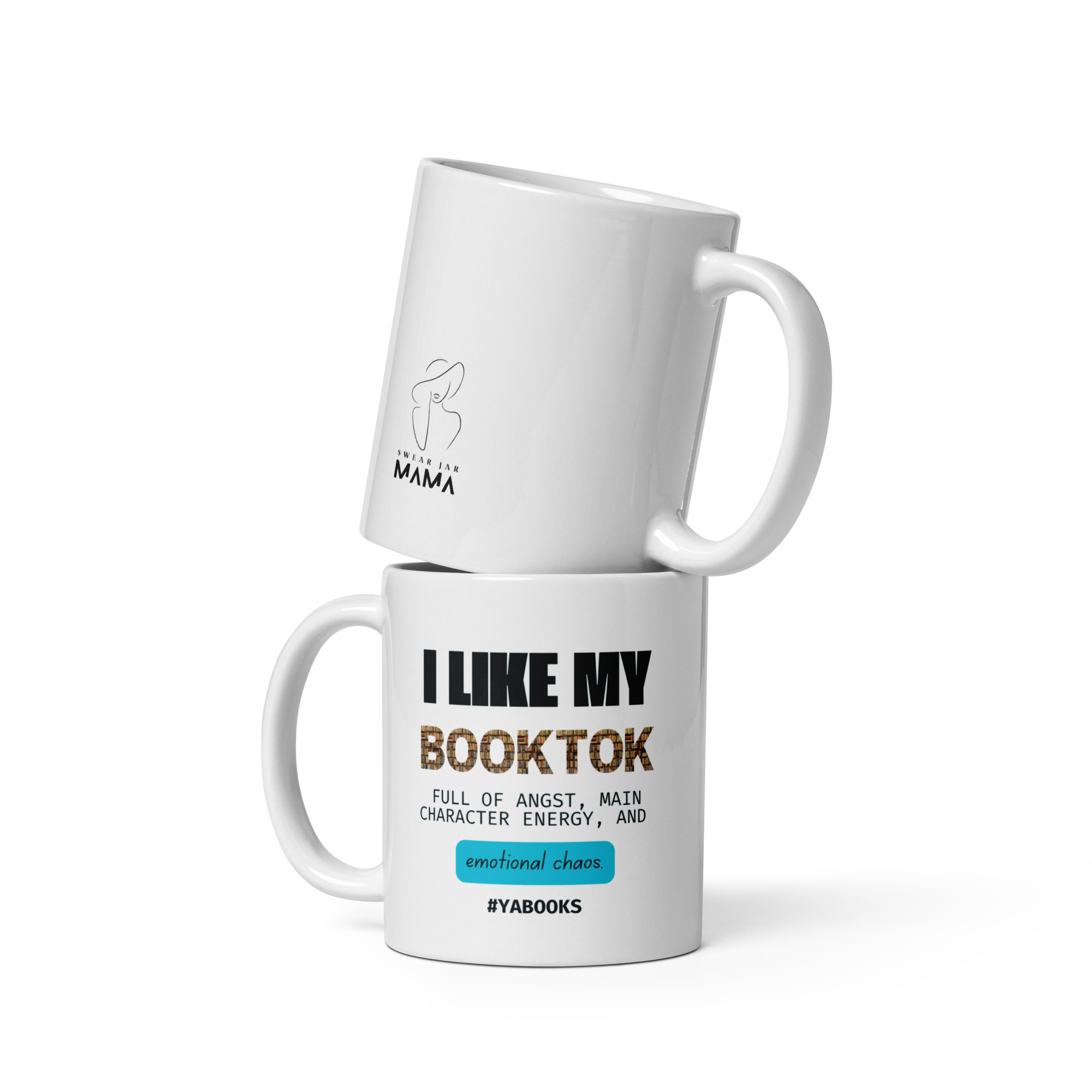 Two white mugs with text and branding on a white background