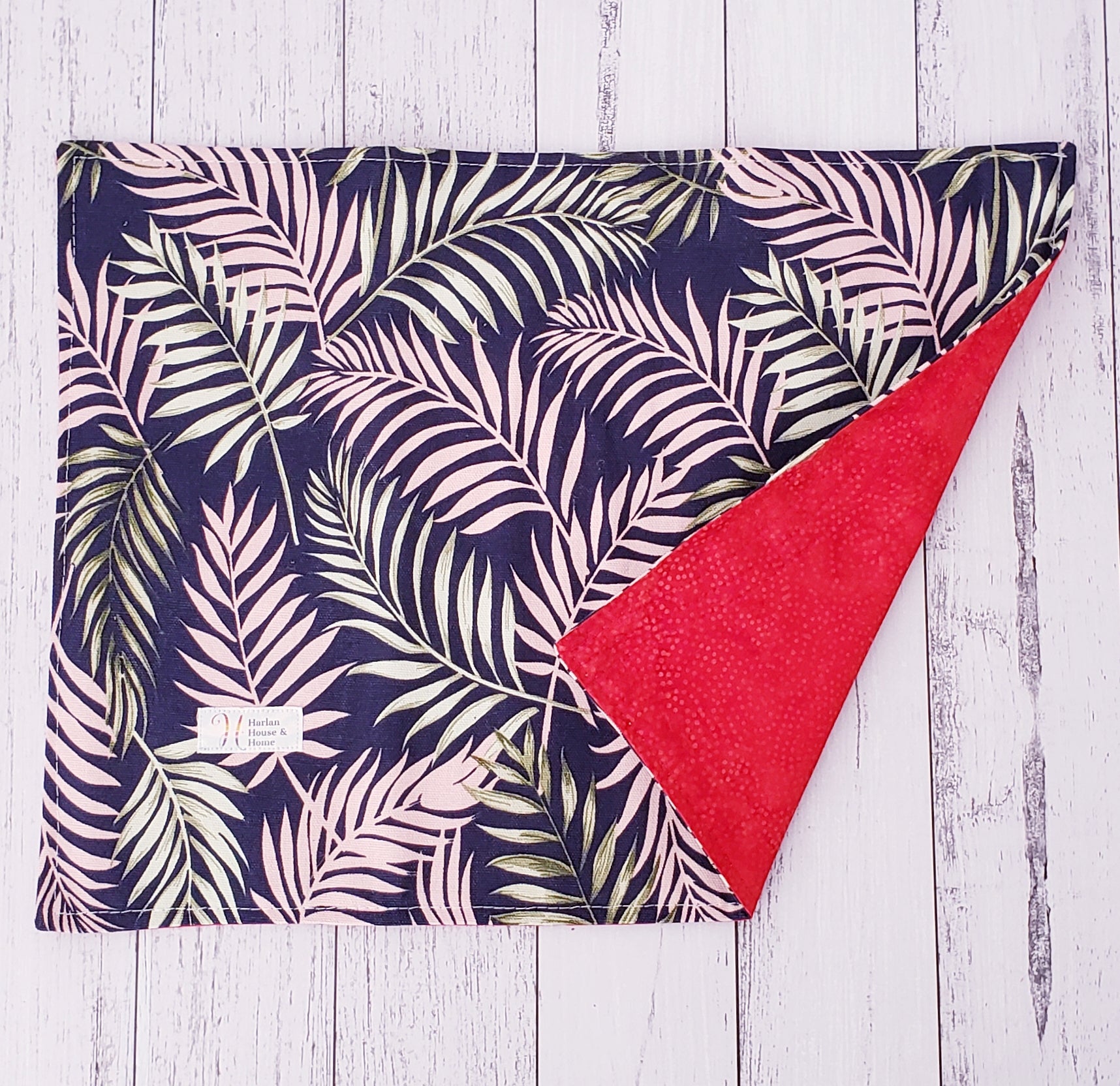 Red dot batik with soft pink and green ferns Reversible Placemat - Harlan House & Home