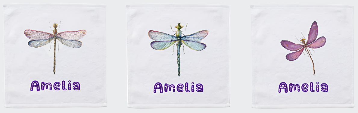 Set of 3 x Personalised Face Washers - Dragonflies
